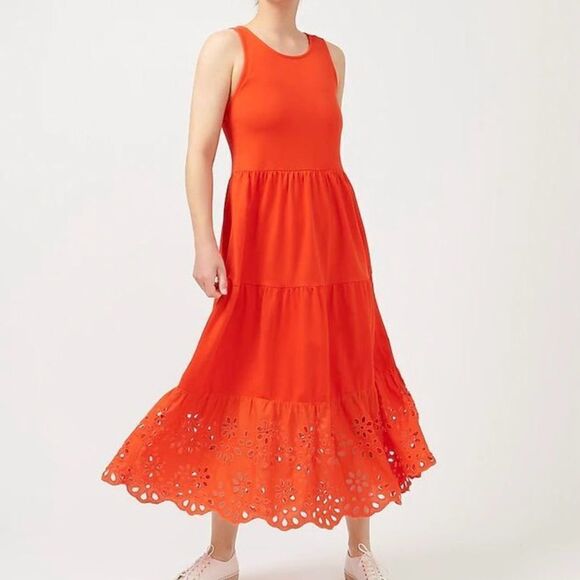J. Crew Orange Cross Back Eyelet Hem Sleeveless Tiered Maxi Dress. Large. - Picture 1 of 8